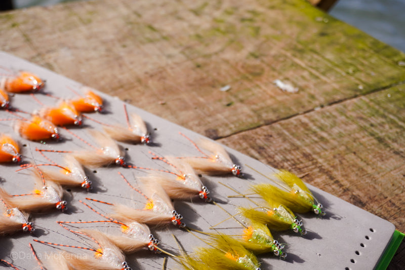 Green, tan, spawning shrimp (orange) Avalons tied with a weed guard and beads on size