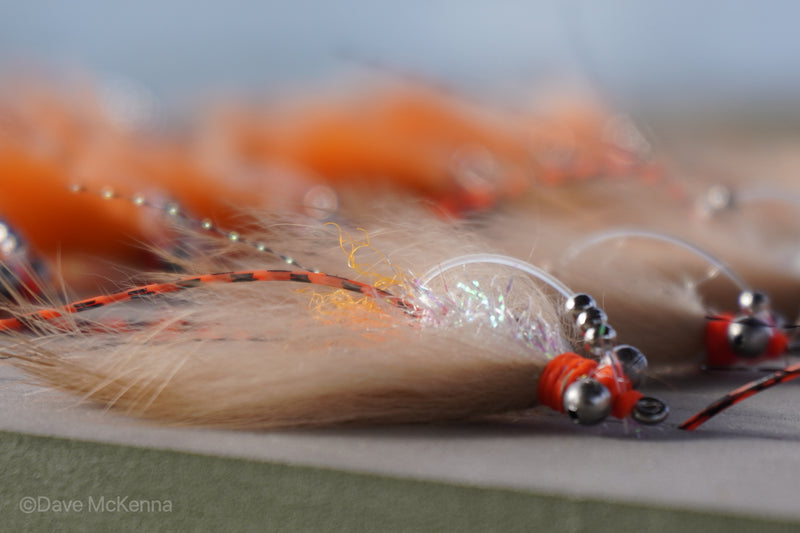 Green, tan, spawning shrimp (orange) Avalons tied with a weed guard and beads on size 