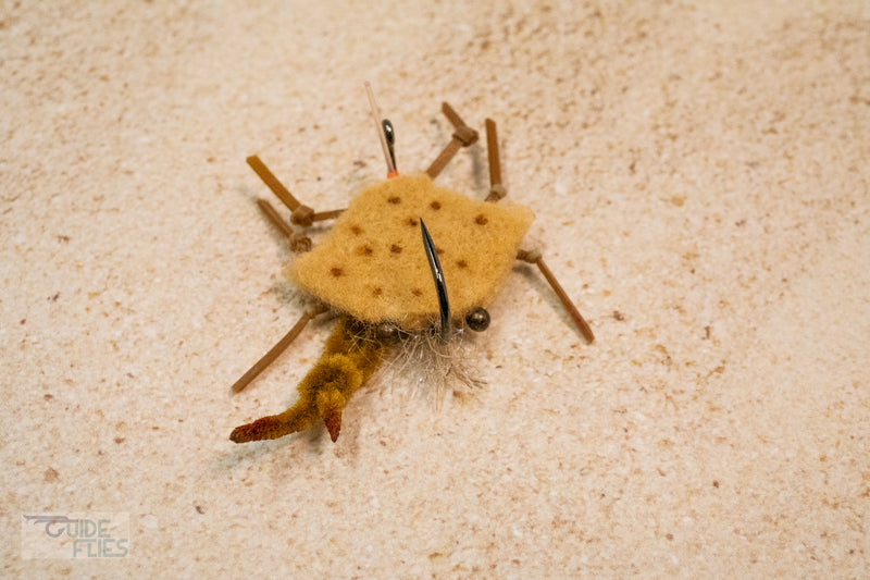 Brown D-Back Crab extra heavy wire jig-hook, medium lead eyes and color-matching epoxy belly