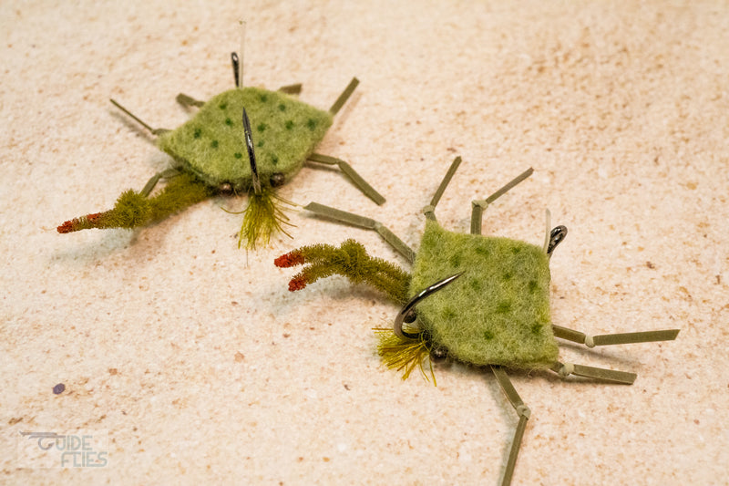 Green D-Back Crab extra heavy wire jig-hook, medium lead eyes and color-matching epoxy belly