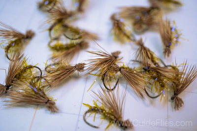 Modern Version Elk Hair Straggle Caddis with Semperfli Straggle String with hook size #14 and #16 in Olive and Apple Caddis