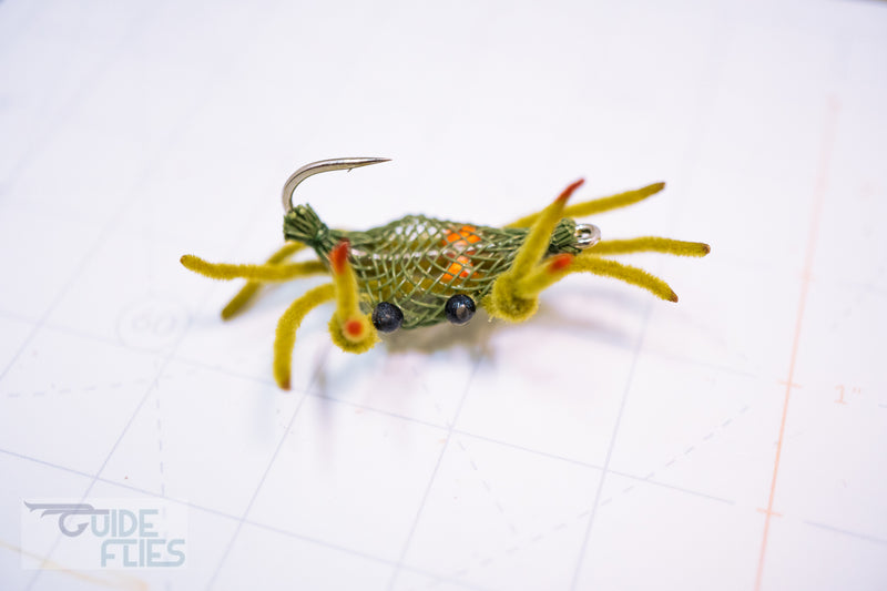 Guide Flexo Crab Realistic Living Epoxy Eyes Bright Orange Brass eyes to mimic natural eggs Premium Umpqua X-Series Flats Hook Olive