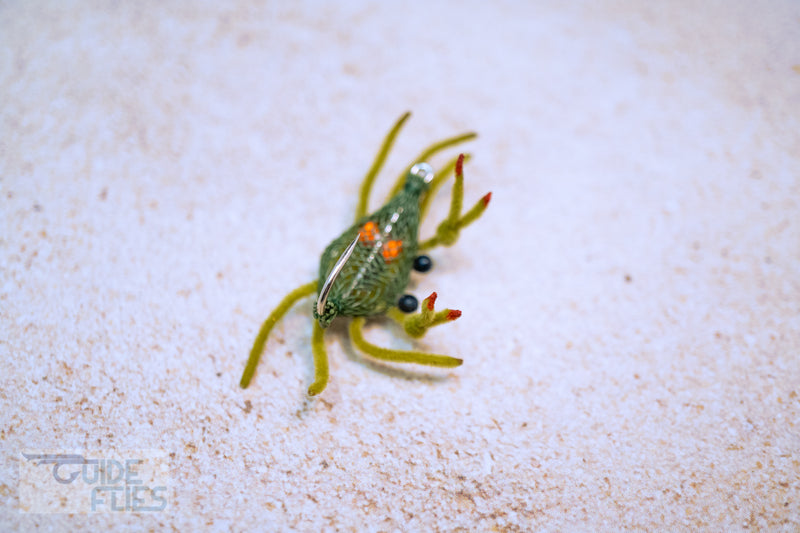 Guide Flexo Crab Realistic Living Epoxy Eyes Bright Orange Brass eyes to mimic natural eggs Premium Umpqua X-Series Flats Hook Olive