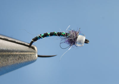 G-Midge Ultra thin Nano Silk Micro Metallic Wire ribbing Micro Pearl UV Body Quill Custom blended UV Rainbow Dub and a pearl-core Killer Caddis glass bead