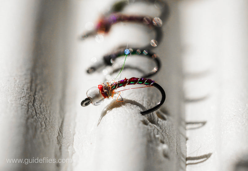 G-Midge Ultra thin Nano Silk Micro Metallic Wire ribbing Micro Pearl UV Body Quill Custom blended UV Rainbow Dub and a pearl-core Killer Caddis glass bead