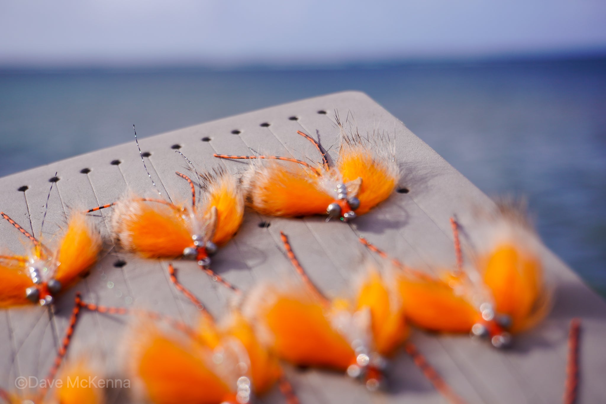 Green, tan, spawning shrimp (orange) Avalons tied with a weed guard and beads on size #2 and #4 hooks