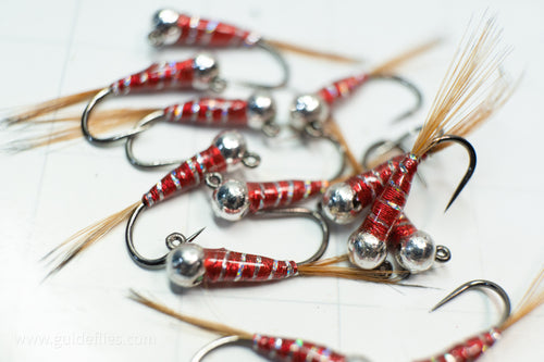 Red body with a silver rib fitted with a heavy tungsten bead