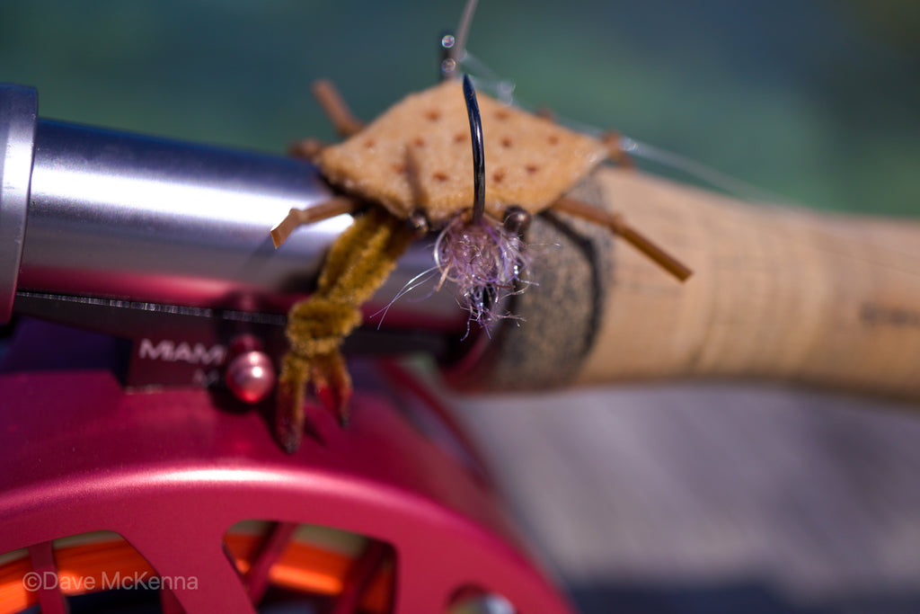 Brown D-Back Crab with extra heavy wire jig-hook, medium lead eyes and color-matching epoxy belly
