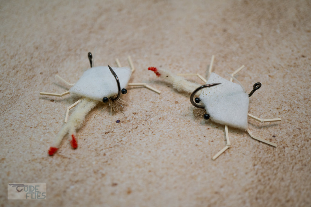 White D-Back Crab extra heavy wire jig-hook, medium lead eyes and color-matching epoxy belly