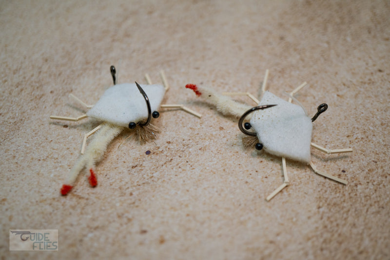 White D-Back Crab extra heavy wire jig-hook, medium lead eyes and color-matching epoxy belly