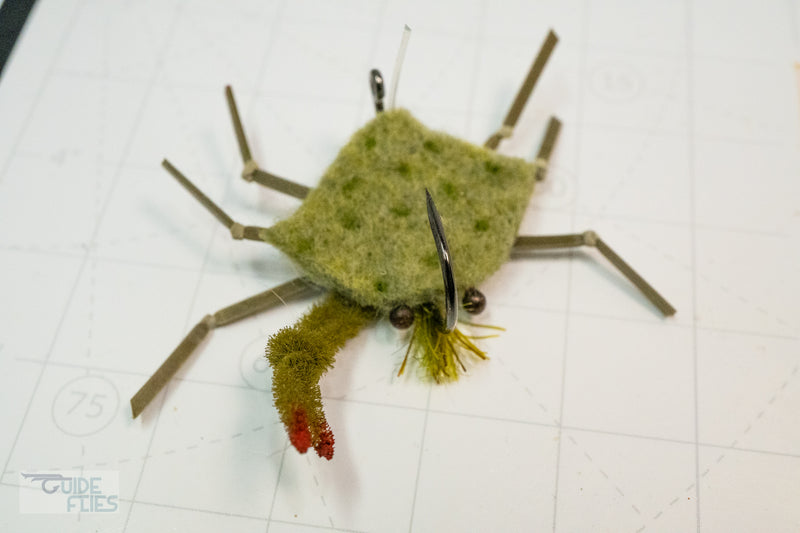 Green D-Back Crab extra heavy wire jig-hook, medium lead eyes and color-matching epoxy belly