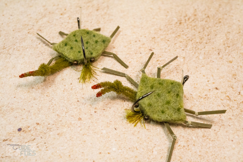 Green D-Back Crab extra heavy wire jig-hook, medium lead eyes and color-matching epoxy belly