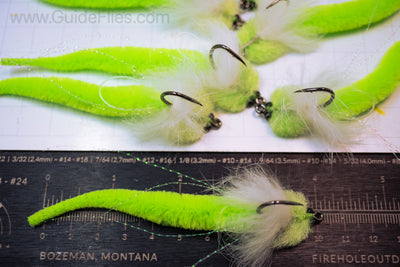 chartreuse and white dragon tail tarpon toads coming in slightly longer than 4 inches