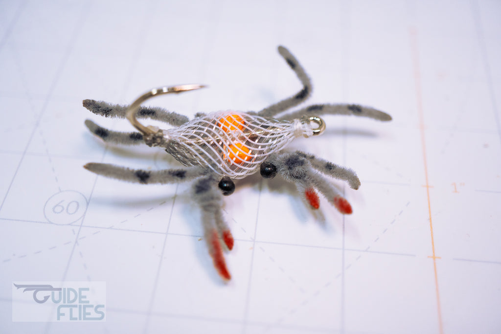 Guide Flexo Crab Realistic Living Epoxy Eyes Bright Orange Brass eyes to mimic natural eggs Premium Umpqua X-Series Flats Hook Marl Grey Gray