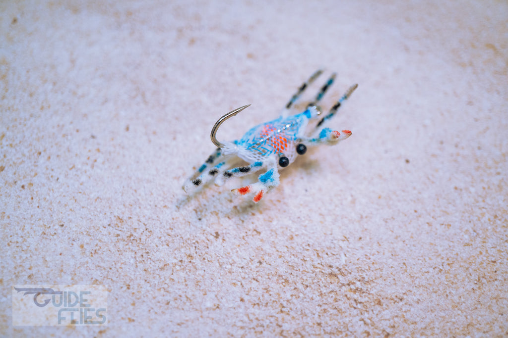 Guide Flexo Crab Realistic Living Epoxy Eyes Bright Orange Brass eyes to mimic natural eggs Premium Umpqua X-Series Flats Hook Blue Claw