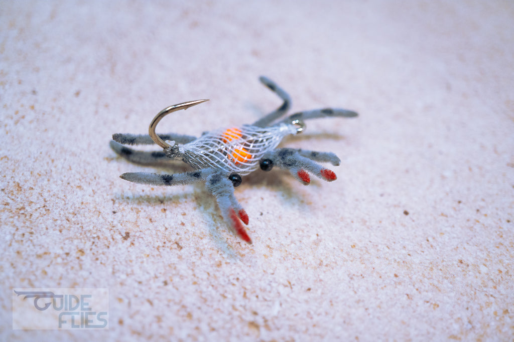 Guide Flexo Crab Realistic Living Epoxy Eyes Bright Orange Brass eyes to mimic natural eggs Premium Umpqua X-Series Flats Hook Marl Grey