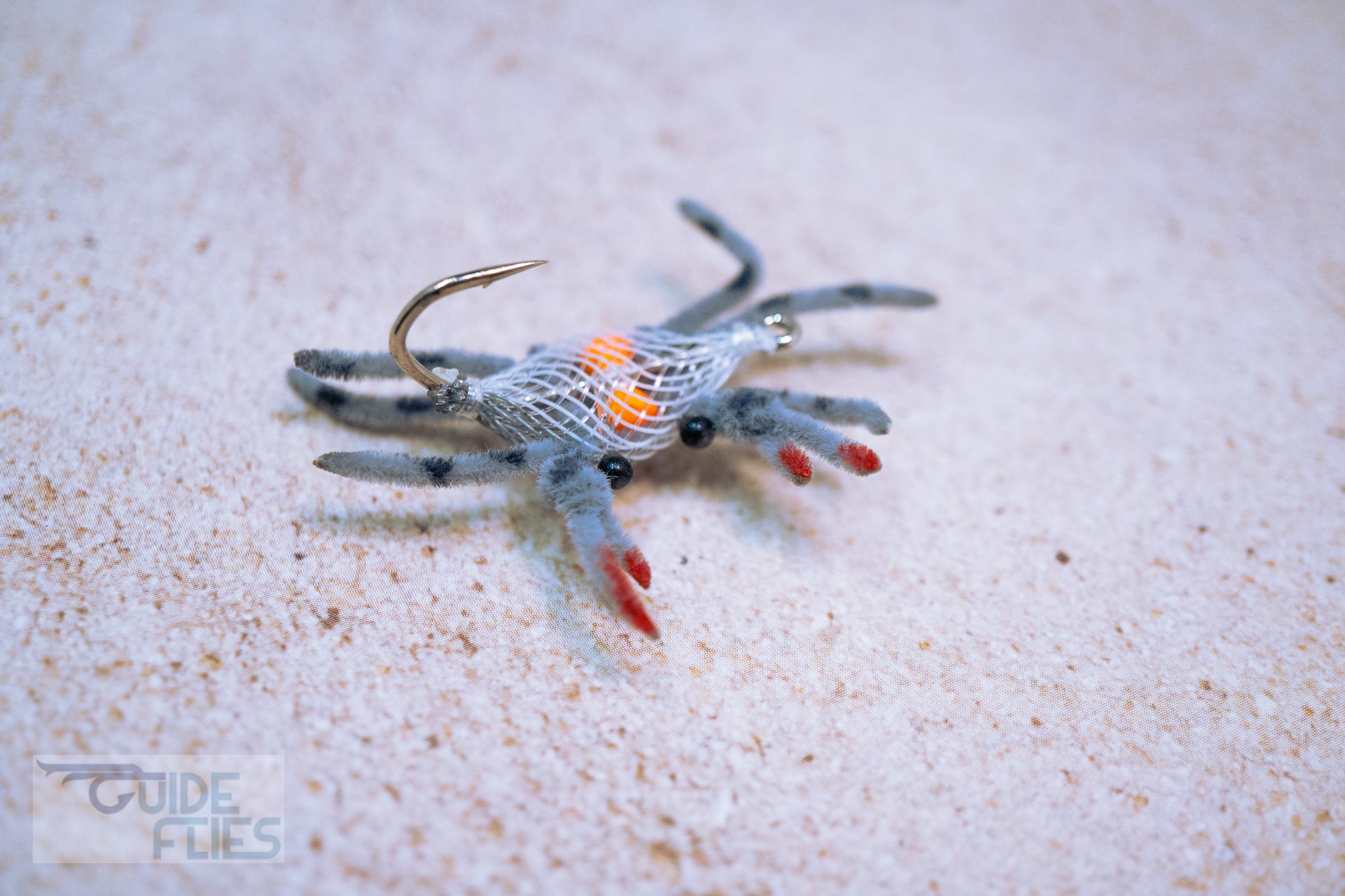 Guide Flexo Crab Realistic Living Epoxy Eyes Bright Orange Brass eyes to mimic natural eggs Premium Umpqua X-Series Flats Hook Marl Grey