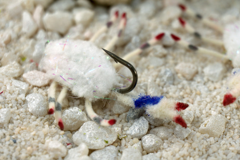 Body Guard Crab tied with white material using a Umpqua X-Series XS410 Flats hook design has a prominent claw